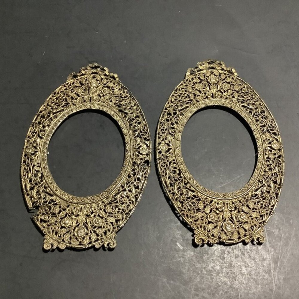 PICTURE FRAMES (2) Ornate Intricate Scroll Work ANTIQUE Gold 6.5"x4" Ovals